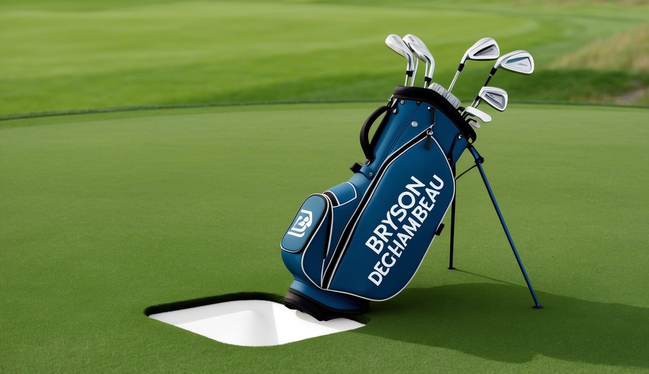 A golf bag with clubs labeled "Bryson DeChambeau" arranged on a grassy tee box