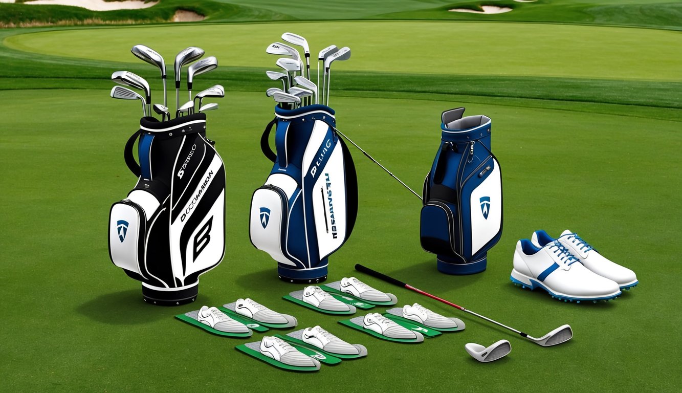 Bryson DeChambeau's golf clubs and equipment arranged neatly on a grassy course with a pair of golf shoes and a golf bag nearby