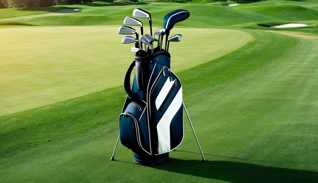 A golf bag with various clubs arranged neatly on a lush green fairway