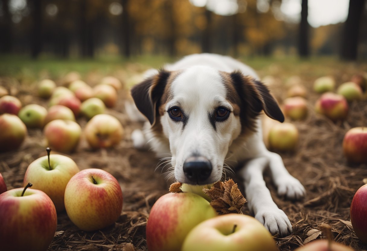 A dog with a wagging tail sniffing at a pile of fresh apples on the ground