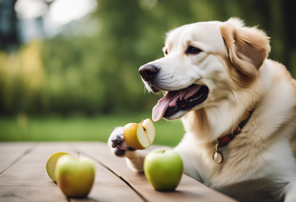 A happy dog eagerly eating a slice of apple from a hand