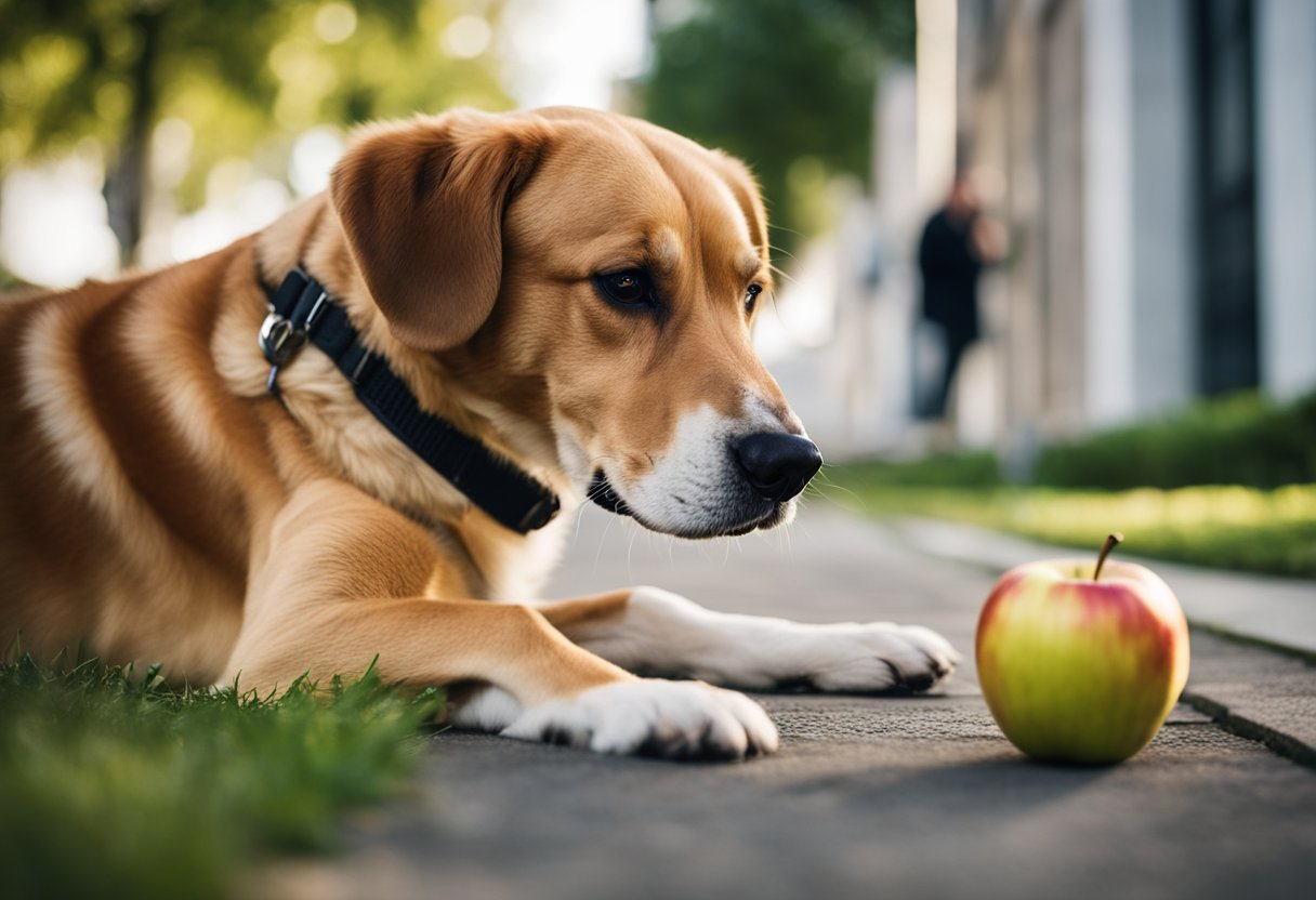 A dog sniffs an apple on the ground, while a concerned owner looks on