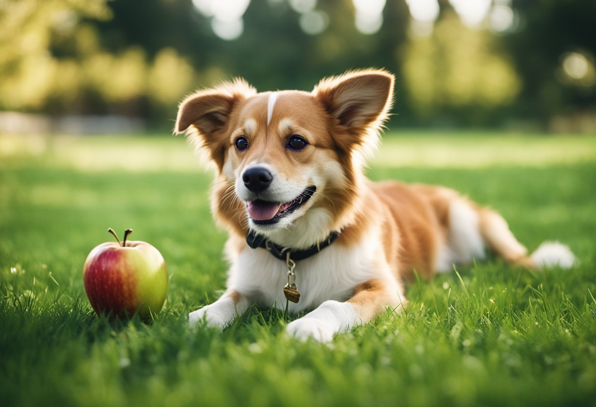 A happy dog with a wagging tail, sitting on green grass, eagerly eating a red apple