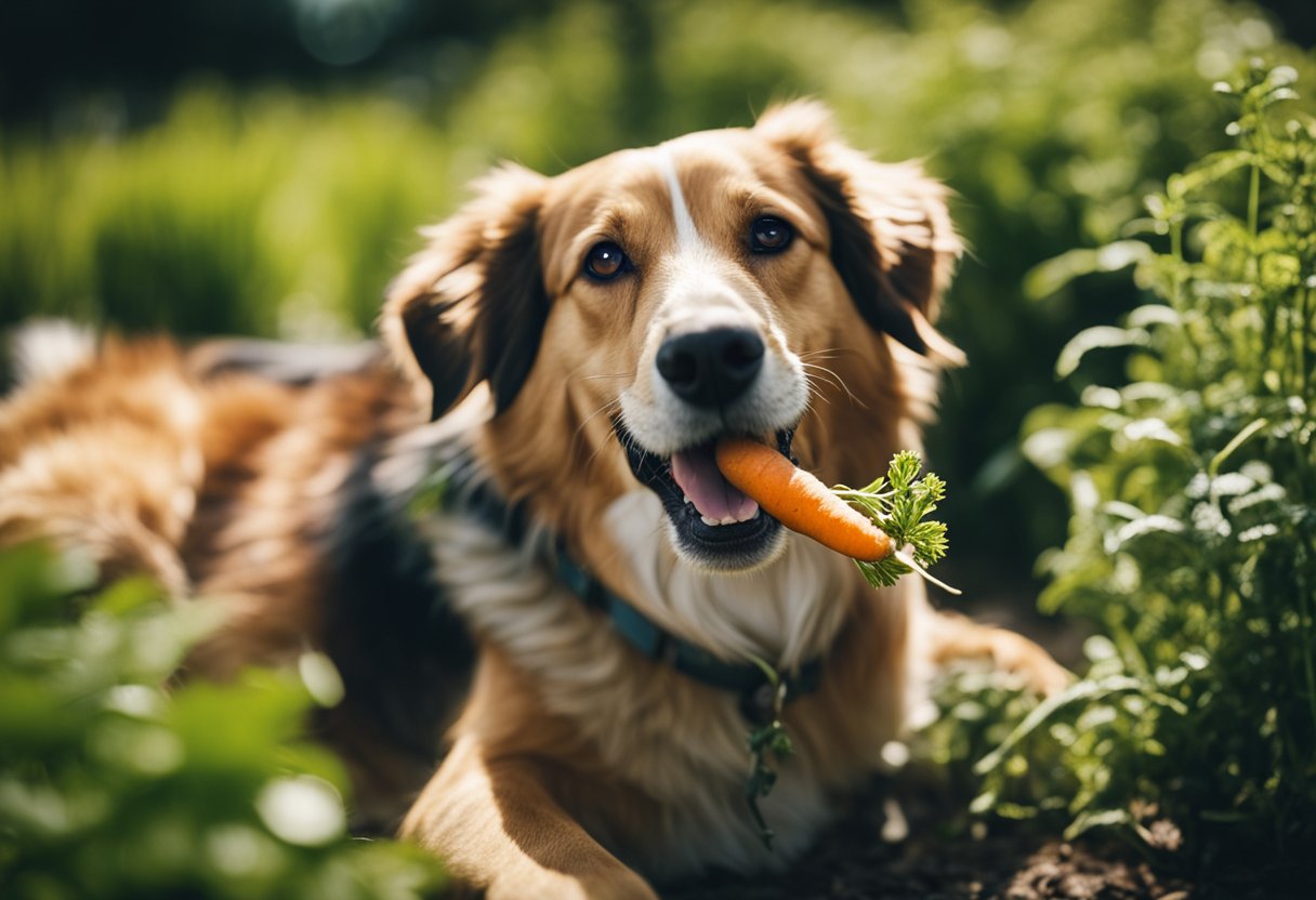 A dog happily munches on a carrot in a sunny garden