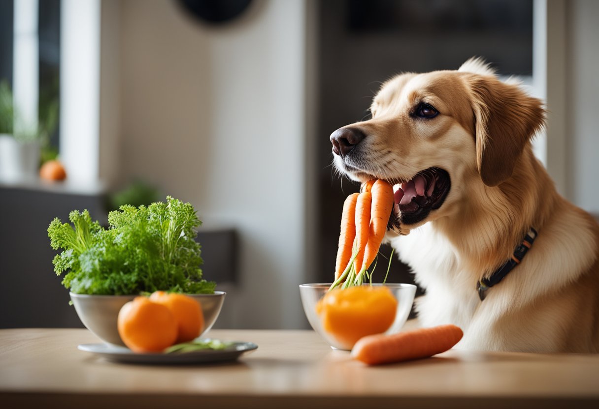 A happy dog eagerly munches on a bright orange carrot, with a bowl of fresh carrots in the background