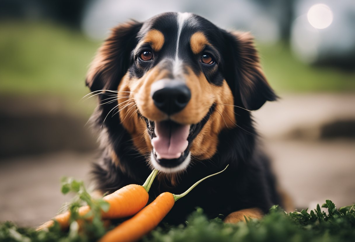 A dog eagerly munches on a fresh carrot, its tail wagging happily