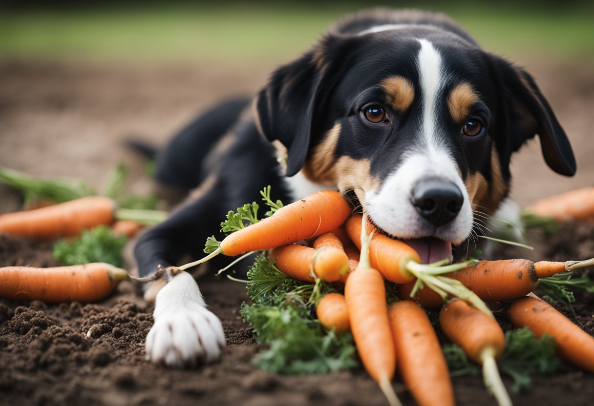 A dog happily munches on a pile of fresh carrots, with a few scattered on the ground