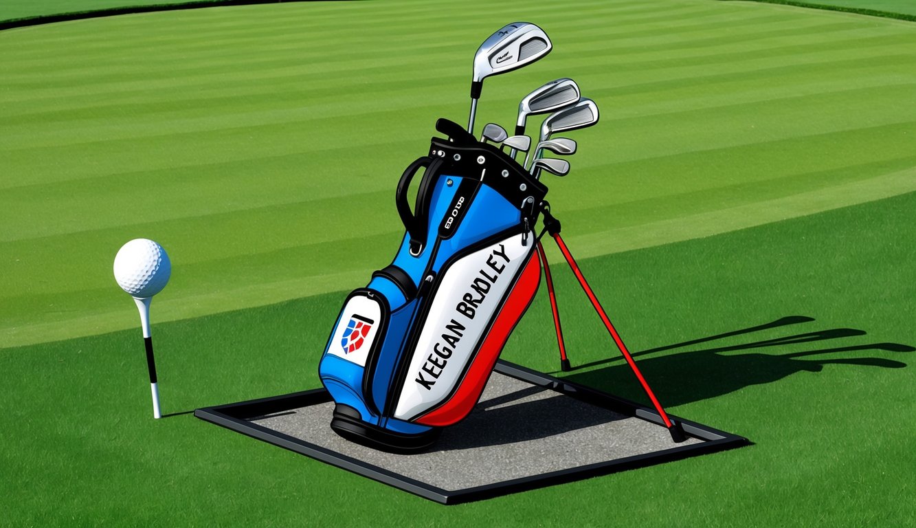 Keegan Bradley's golf bag with various clubs laid out on a grassy tee box