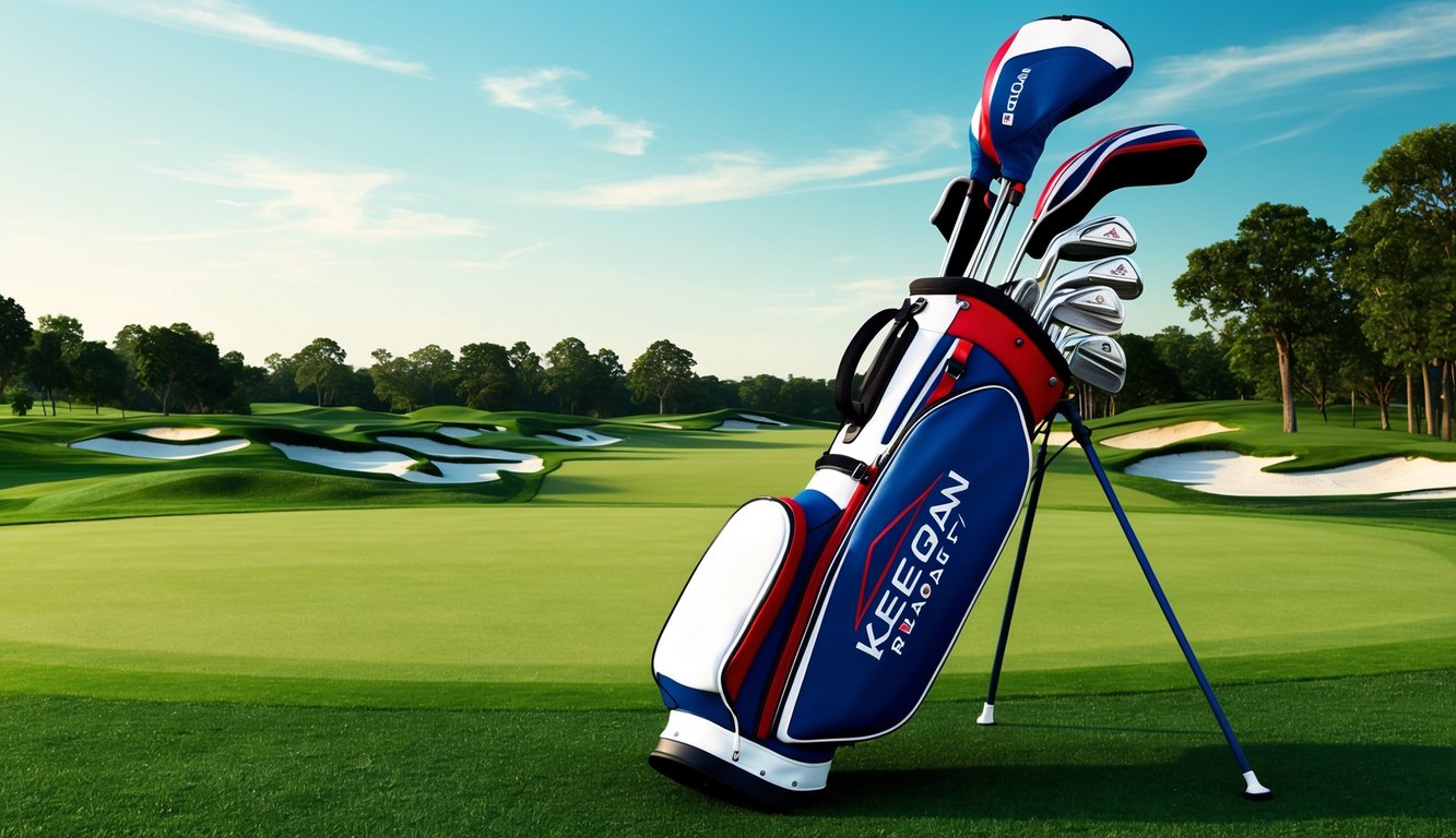 A golf bag with Keegan Bradley's clubs arranged neatly on a lush green golf course