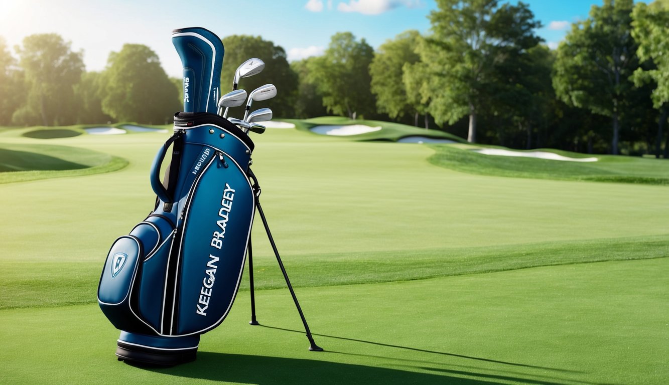 Keegan Bradley's golf bag with hybrid and utility clubs on a lush green fairway