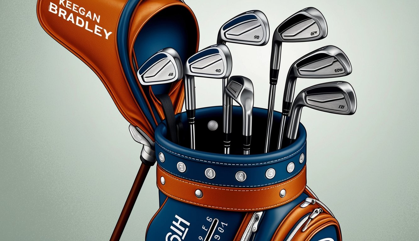 Keegan Bradley's golf bag open, revealing a set of irons neatly arranged in order of size and numbered