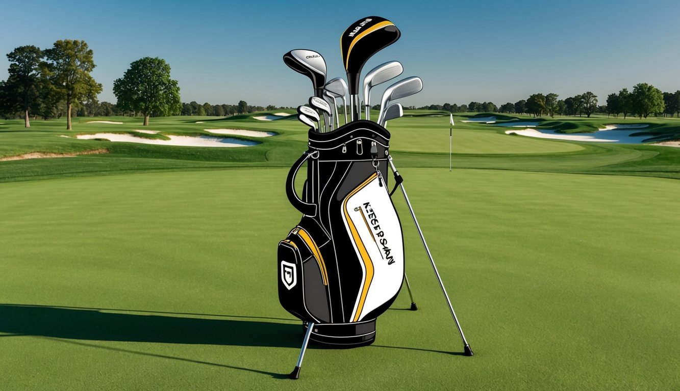 Keegan Bradley's golf bag with various clubs and accessories displayed on a clean, well-maintained golf course