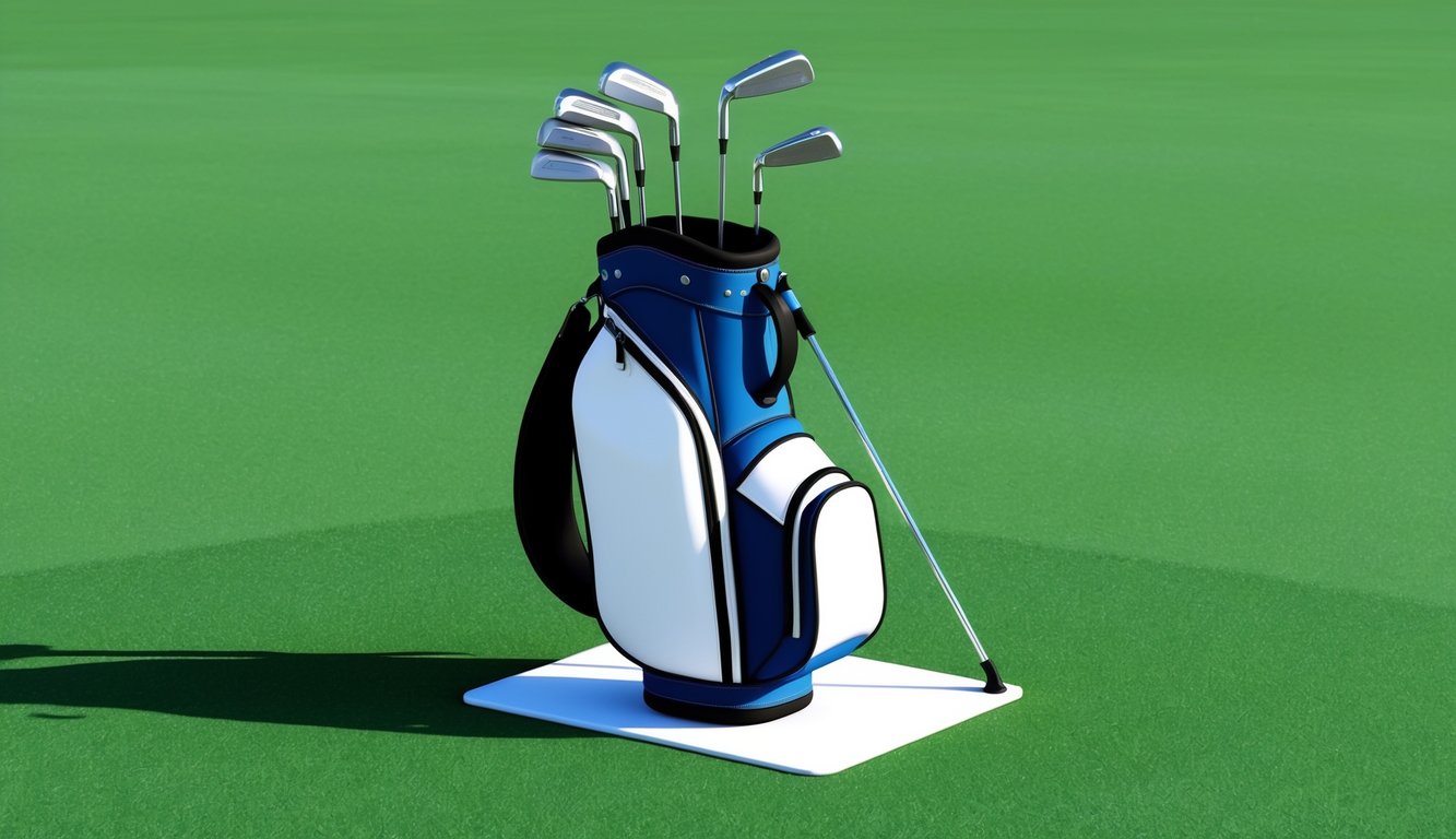 A golfer's bag with various clubs, including irons and woods, arranged neatly on a grassy tee box