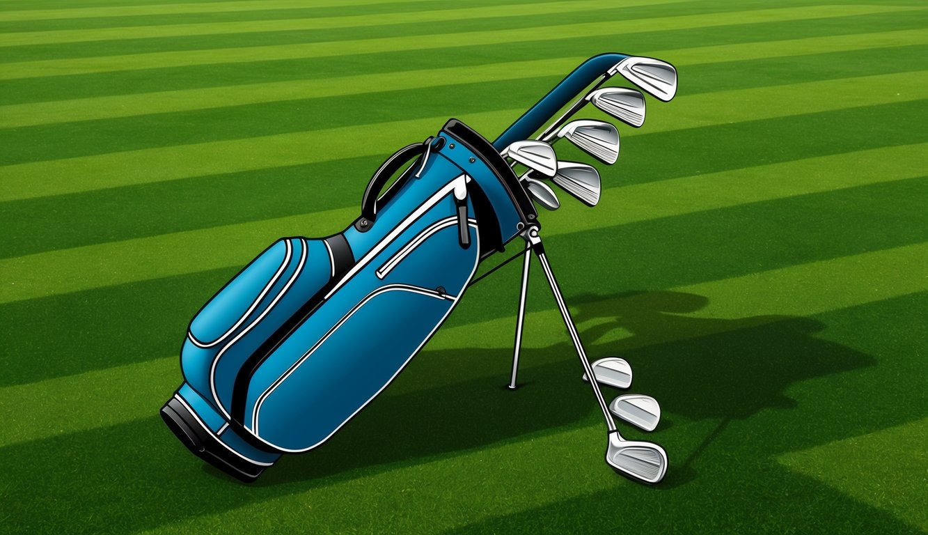 A golf bag with various clubs laid out on a green grass field