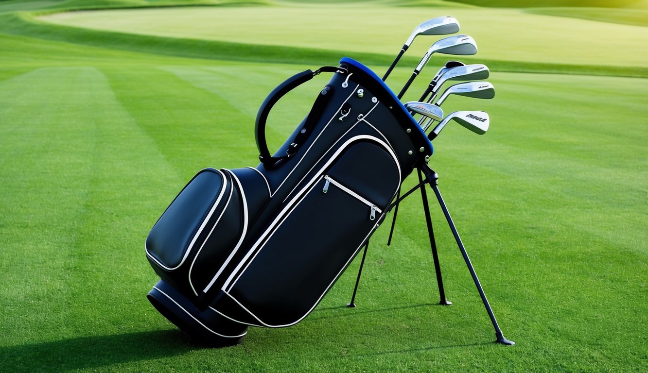 A golf bag open on a lush green fairway, with a set of golf clubs neatly arranged inside, including drivers, irons, and putters