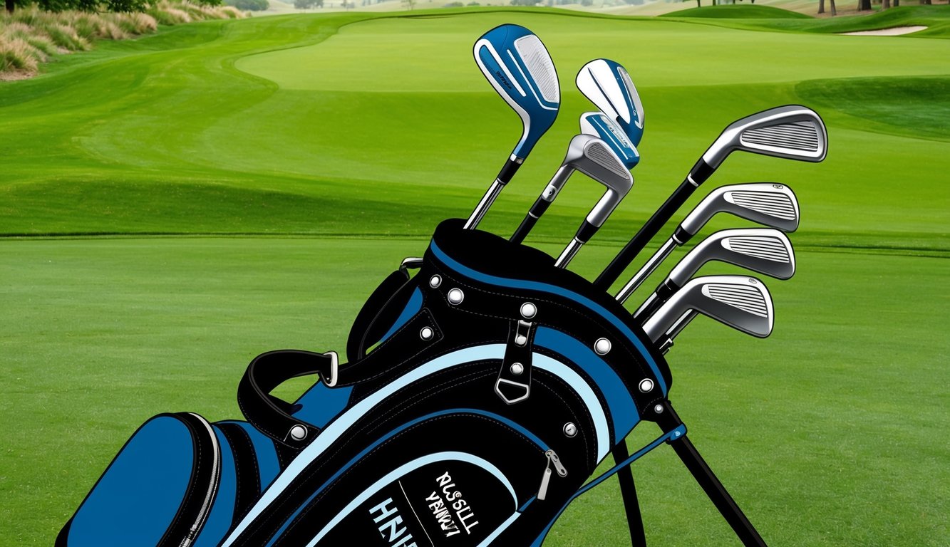 Russell Henley's golf bag open on a lush fairway, showcasing his primary clubs neatly arranged and ready for use