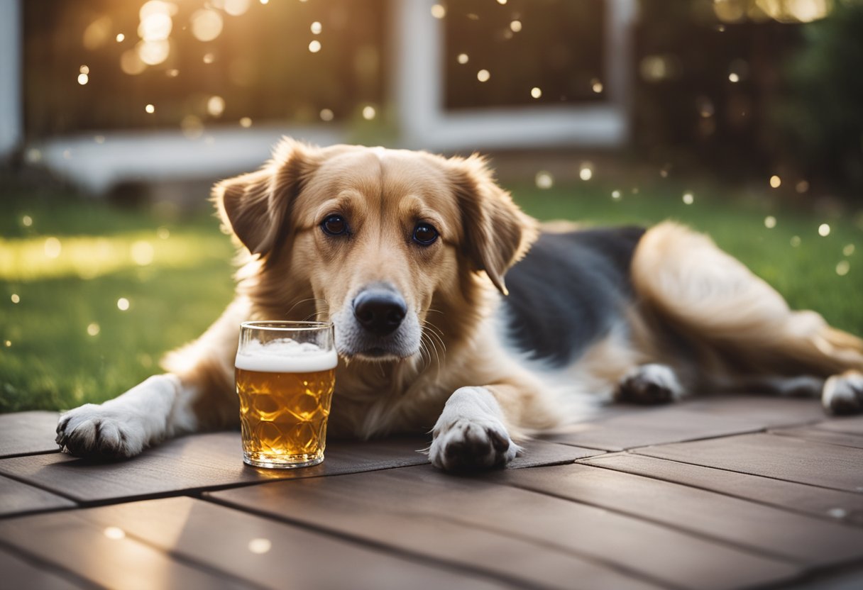 A dog lapping up a spilled beer from a knocked-over bottle on a backyard patio