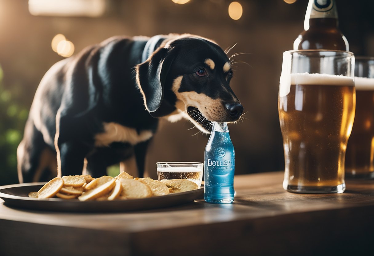 A dog happily drinks from a bowl of water while a bottle of beer sits untouched nearby