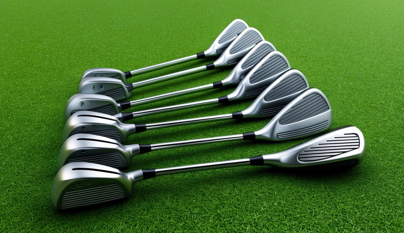 A set of golf clubs arranged neatly on a green grassy field