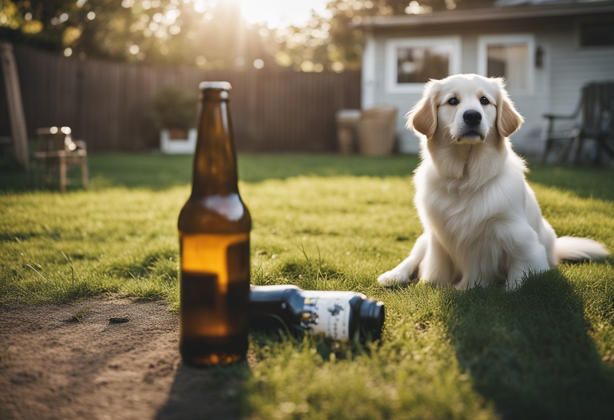 A dog sitting in a backyard, with a beer bottle on the ground and a concerned owner looking at the dog