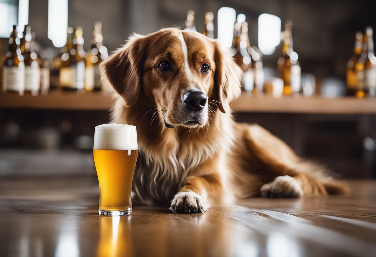 A dog sitting next to a spilled beer bottle, looking curious but hesitant to drink