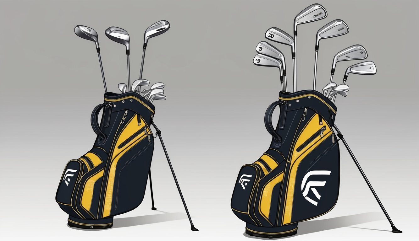 A golf bag with custom shafts and fittings, showcasing Russell Henley's clubs