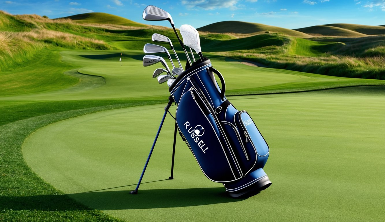 Russell Henley's golf bag, filled with a variety of clubs, sits on a pristine green fairway, surrounded by lush, manicured grass and a backdrop of rolling hills and blue skies