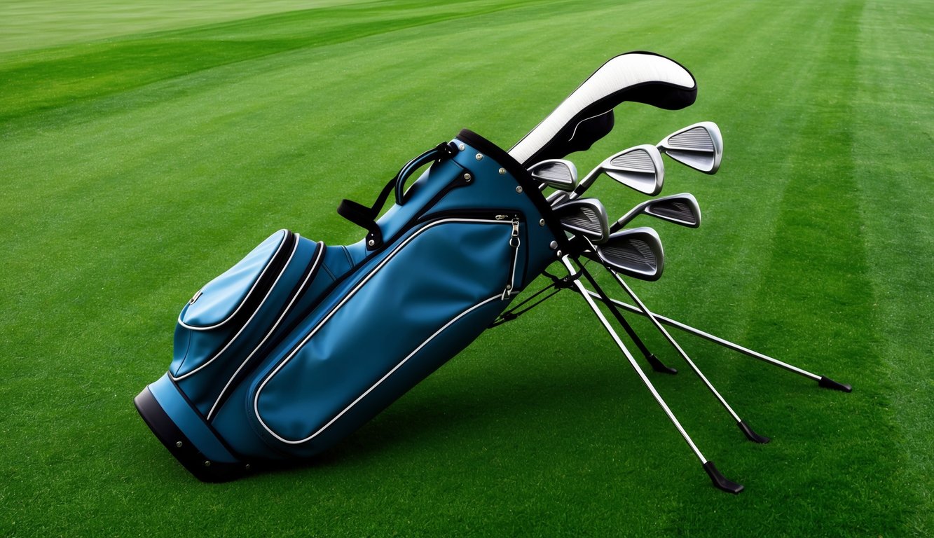 A golf bag with various clubs laid out neatly on a green grassy fairway