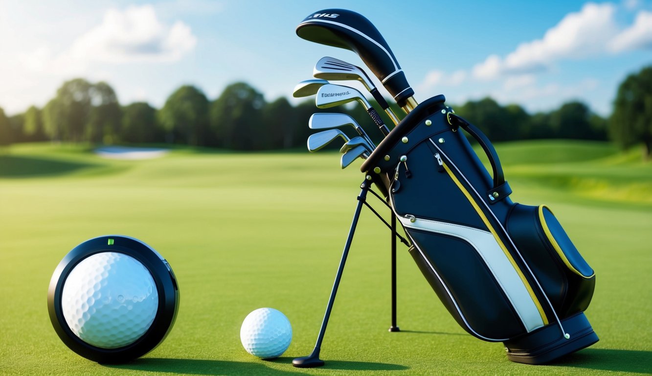 A golf bag filled with various clubs, including a driver, irons, and putter, sits on a lush green fairway with a modern, high-tech golf ball tracking device nearby