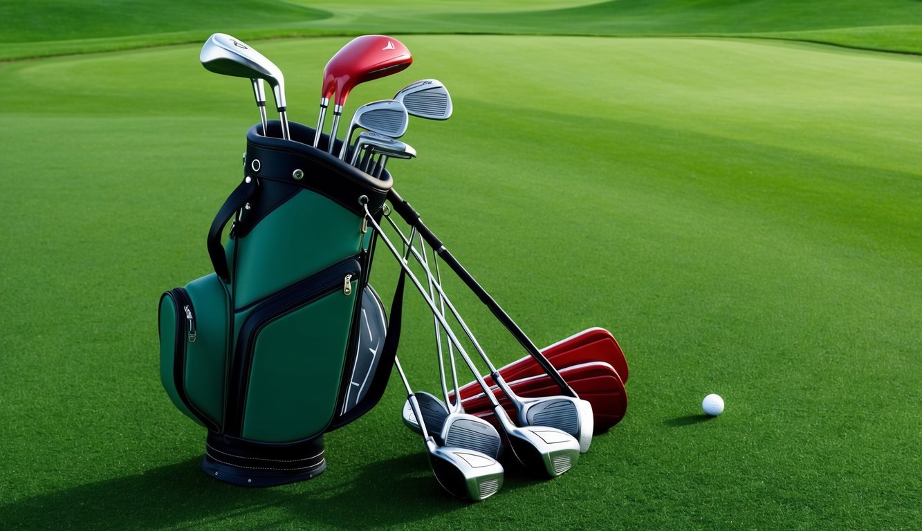 A golf bag with various clubs arranged neatly on a lush green fairway