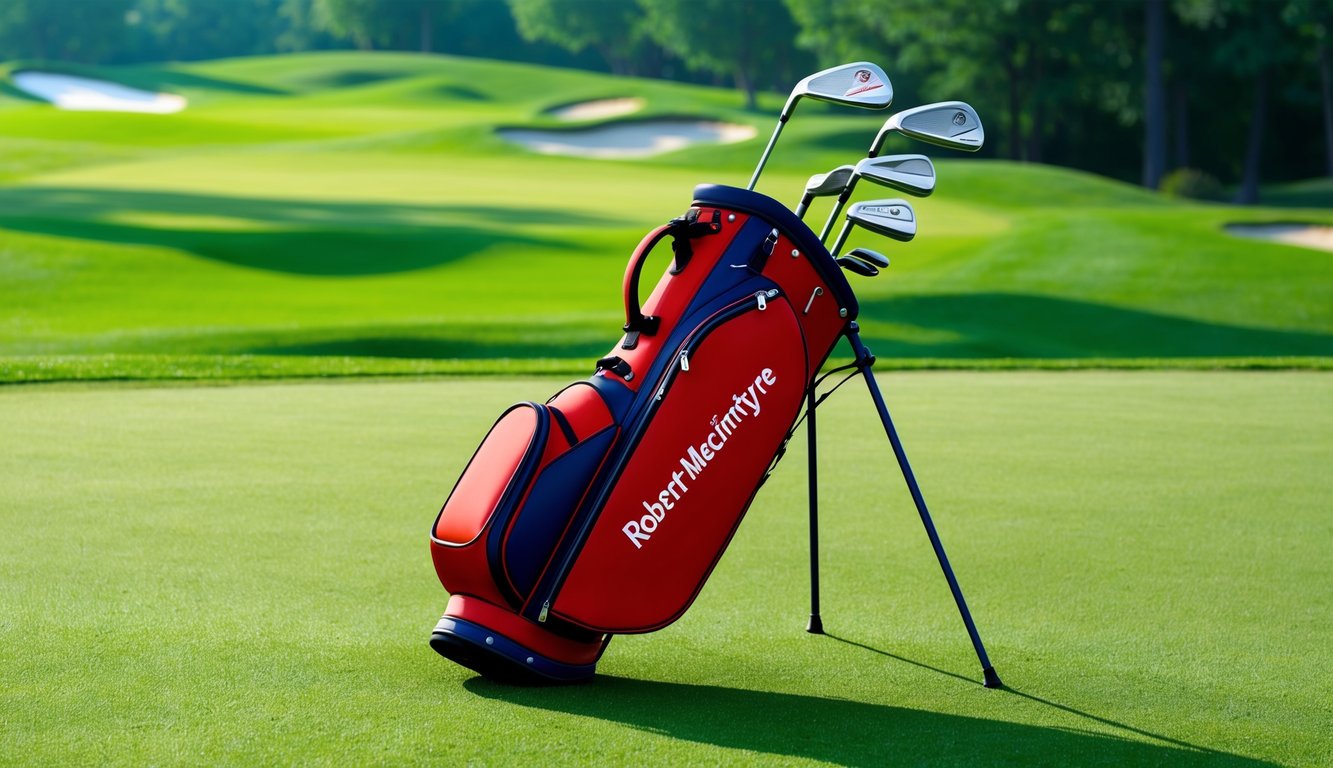 Robert MacIntyre's golf bag with a selection of clubs on a lush green fairway