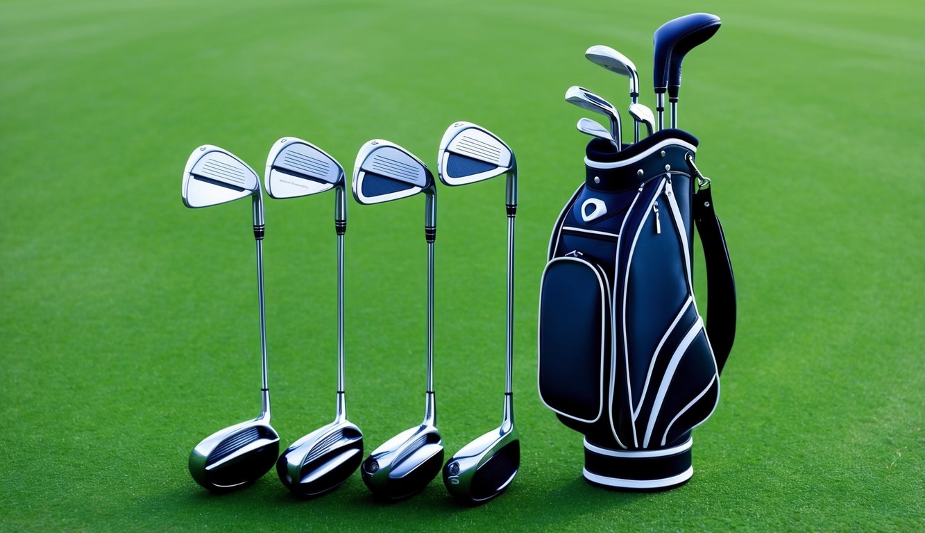 A set of golf clubs arranged neatly on a green grass background with a golf bag standing upright beside them