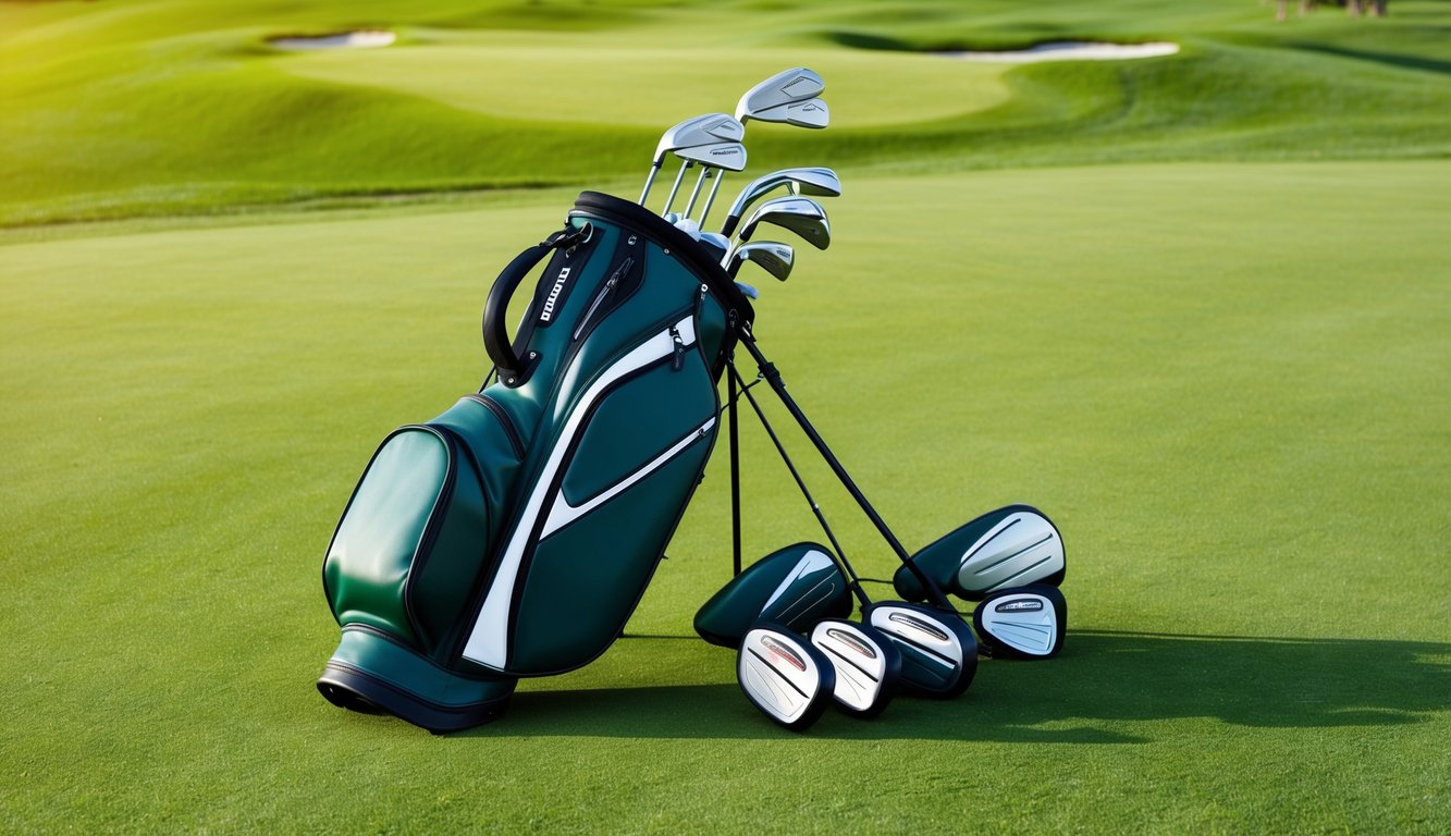 A golf bag with various clubs laid out on a pristine green course