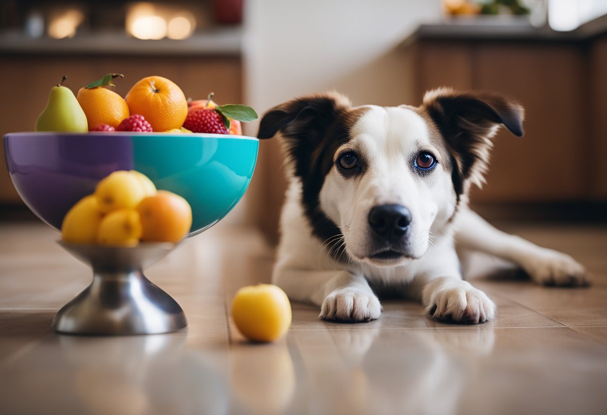 A dog eagerly looks up at a colorful bowl of fruit on the floor