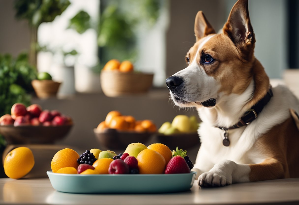 A dog eagerly waits as a bowl of assorted fruits is placed in front of it. The dog looks up expectantly, ready to enjoy the treat