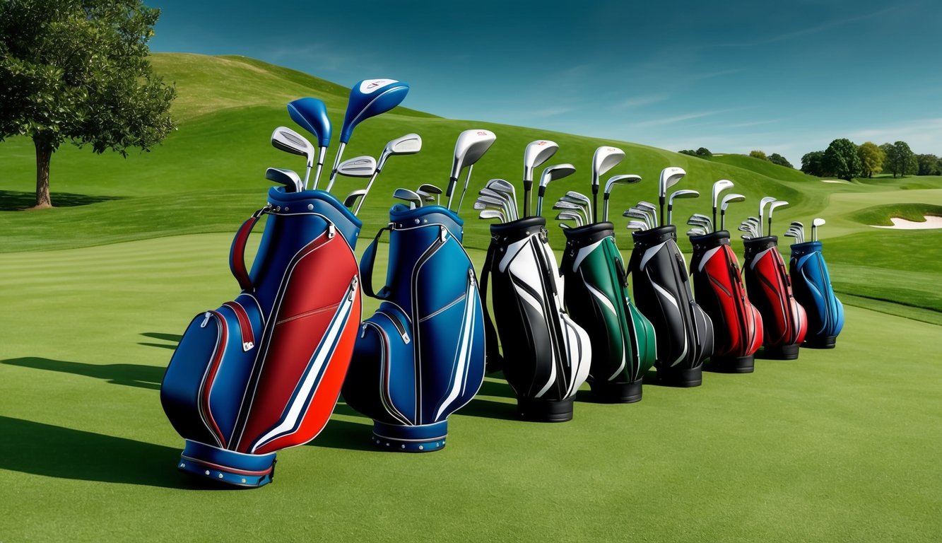 A golf bag with various clubs lined up on a pristine green course