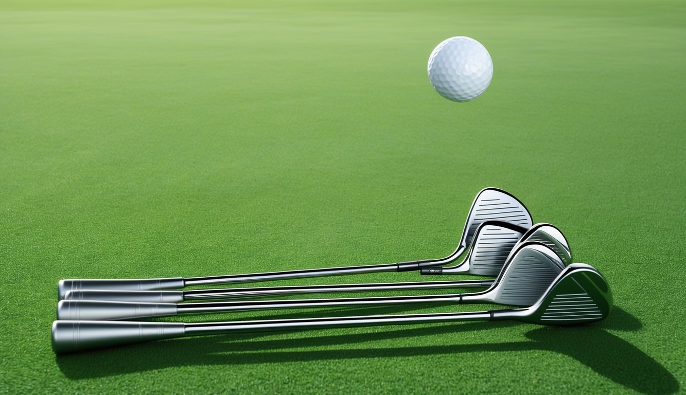 Adam Scott's golf clubs arranged neatly on a pristine green, with a ball in mid-flight, demonstrating precision and control