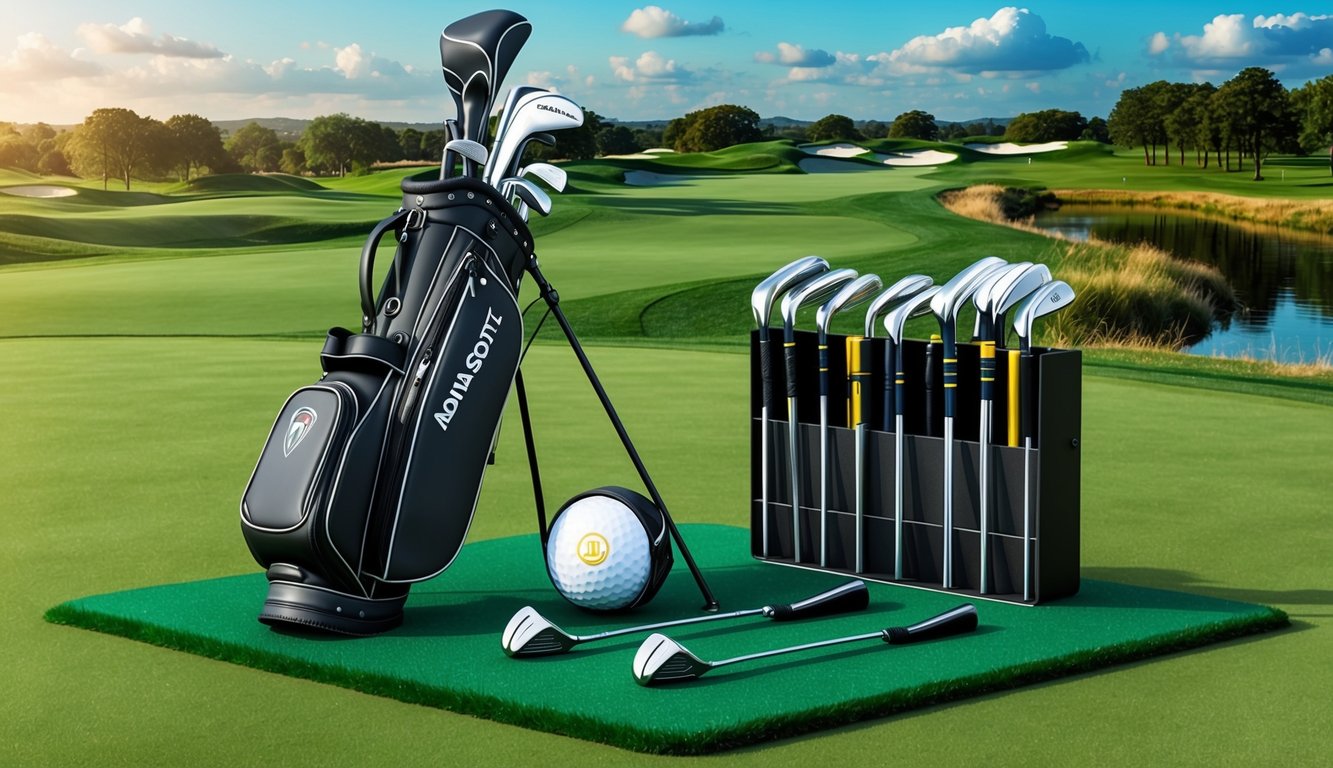 Adam Scott's golf bag with various clubs and equipment arranged neatly on a green grassy tee box, surrounded by a scenic golf course landscape