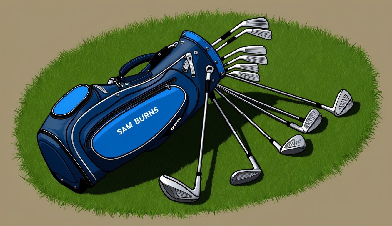 Sam Burns' golf bag with various clubs laid out on the grass