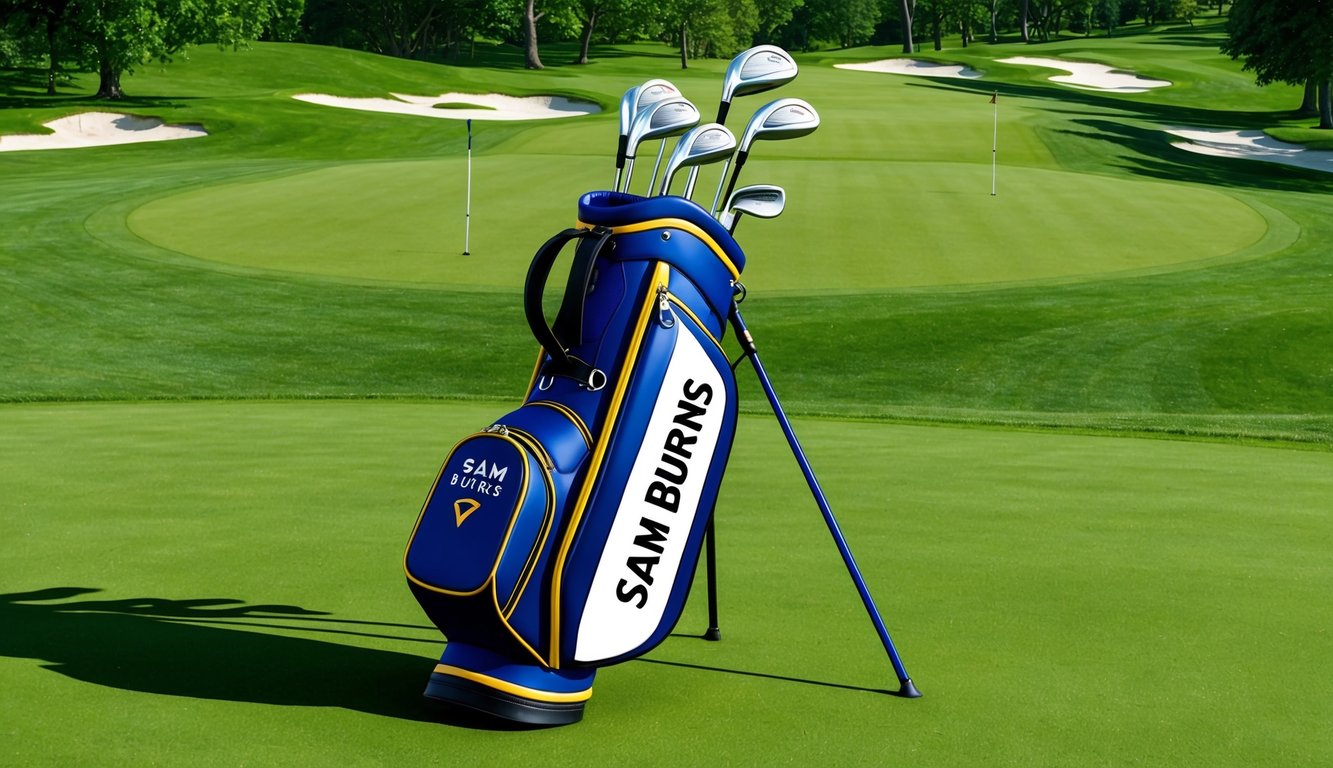 Sam Burns' golf bag with clubs arranged neatly on a lush green fairway