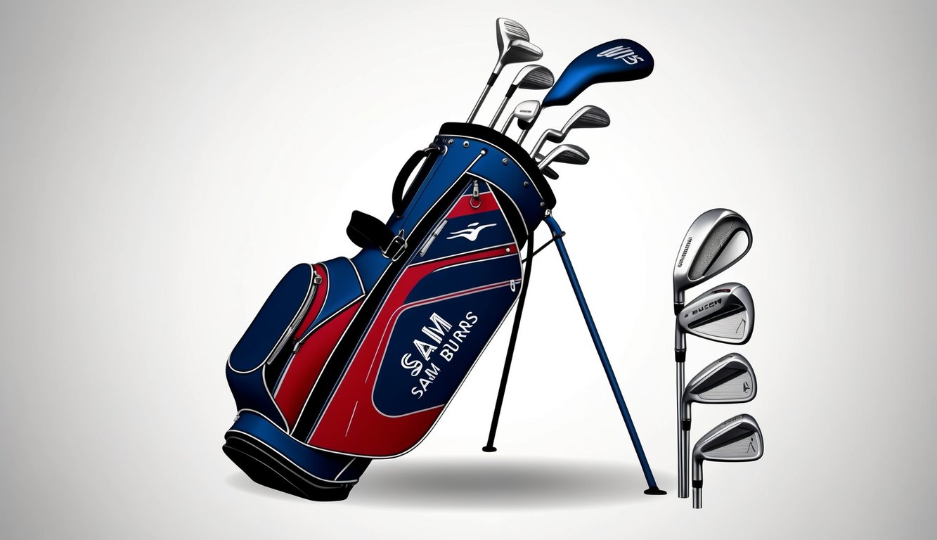 A golf bag with various clubs arranged neatly, including drivers and woods used by Sam Burns