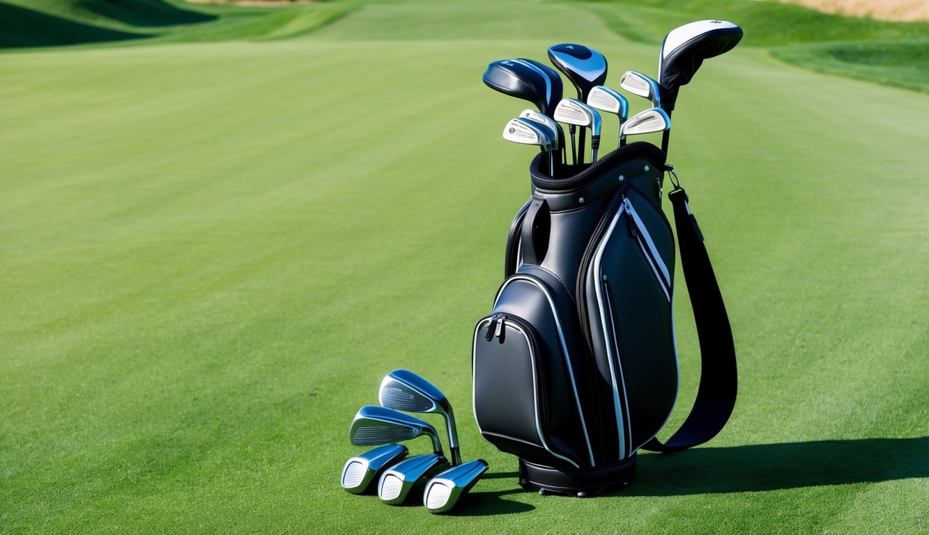 A golf bag with a selection of hybrids and utility clubs arranged neatly on a lush green fairway