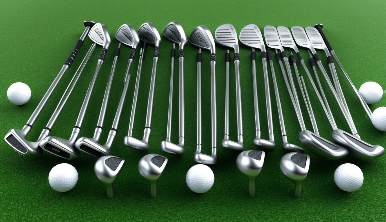 A set of golf clubs, including drivers, irons, and putters, arranged neatly on a green grassy field, surrounded by golf balls and other equipment