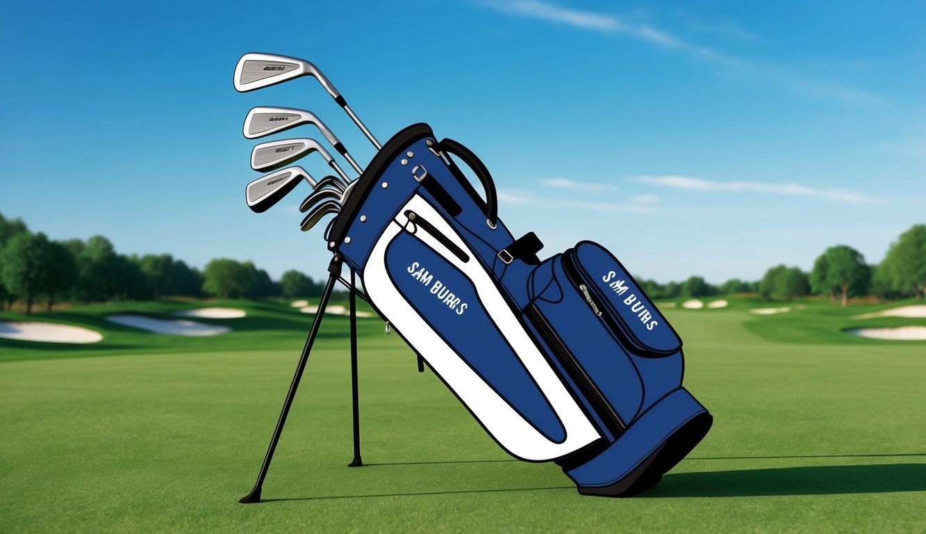 Sam Burns' golf bag open, showcasing his set of clubs on a lush green fairway with a clear blue sky in the background