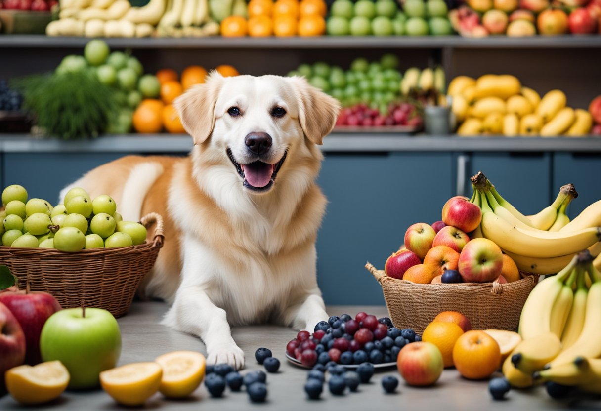 A happy dog surrounded by a variety of fruits, such as apples, blueberries, and bananas, with a veterinarian nearby