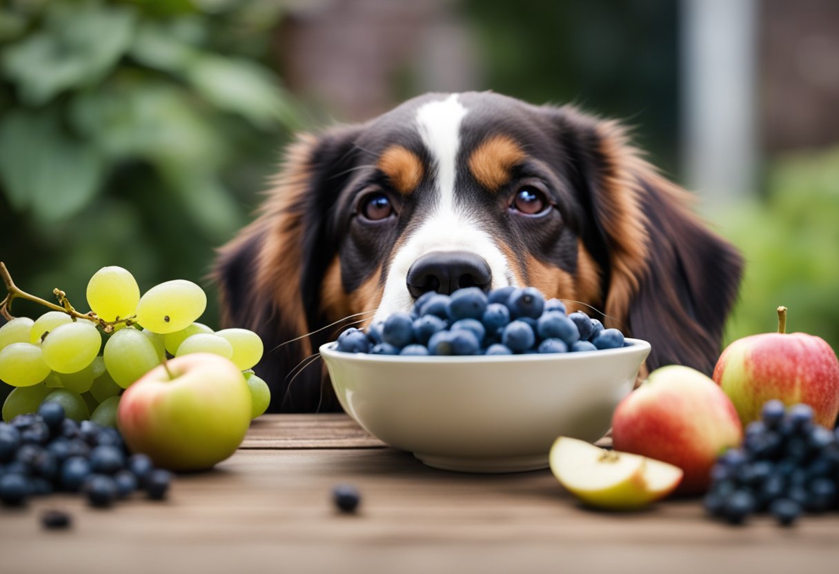 A dog happily eating a bowl of fresh blueberries, strawberries, and sliced apples, with a caution sign next to a pile of toxic grapes and raisins