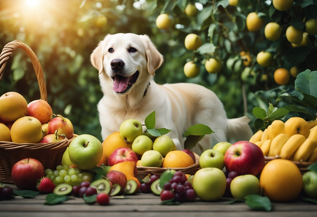 A happy dog surrounded by a variety of fruits, with a spotlight on a ripe apple