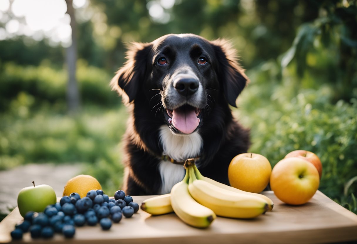 A dog happily munching on a variety of fruits, with a focus on apples, blueberries, and bananas