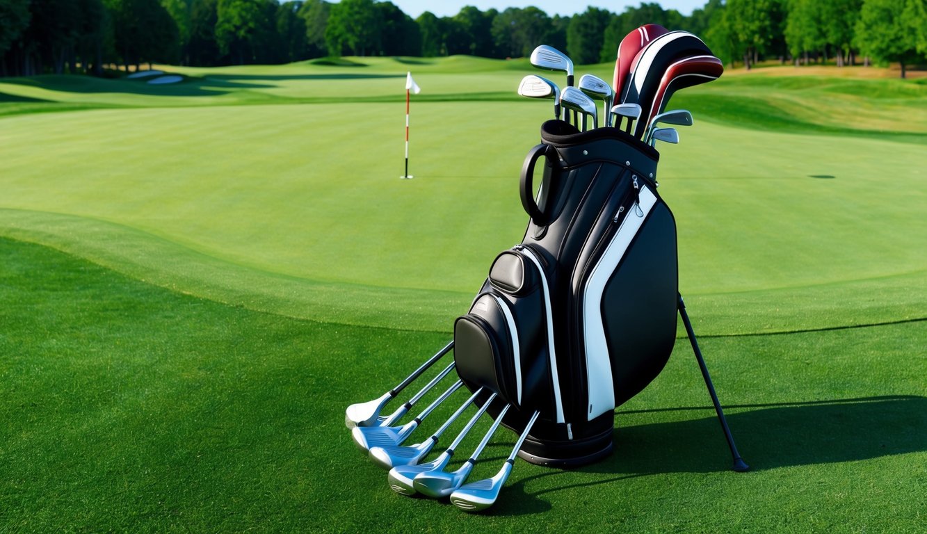 A golf bag with various clubs arranged neatly on a lush green course