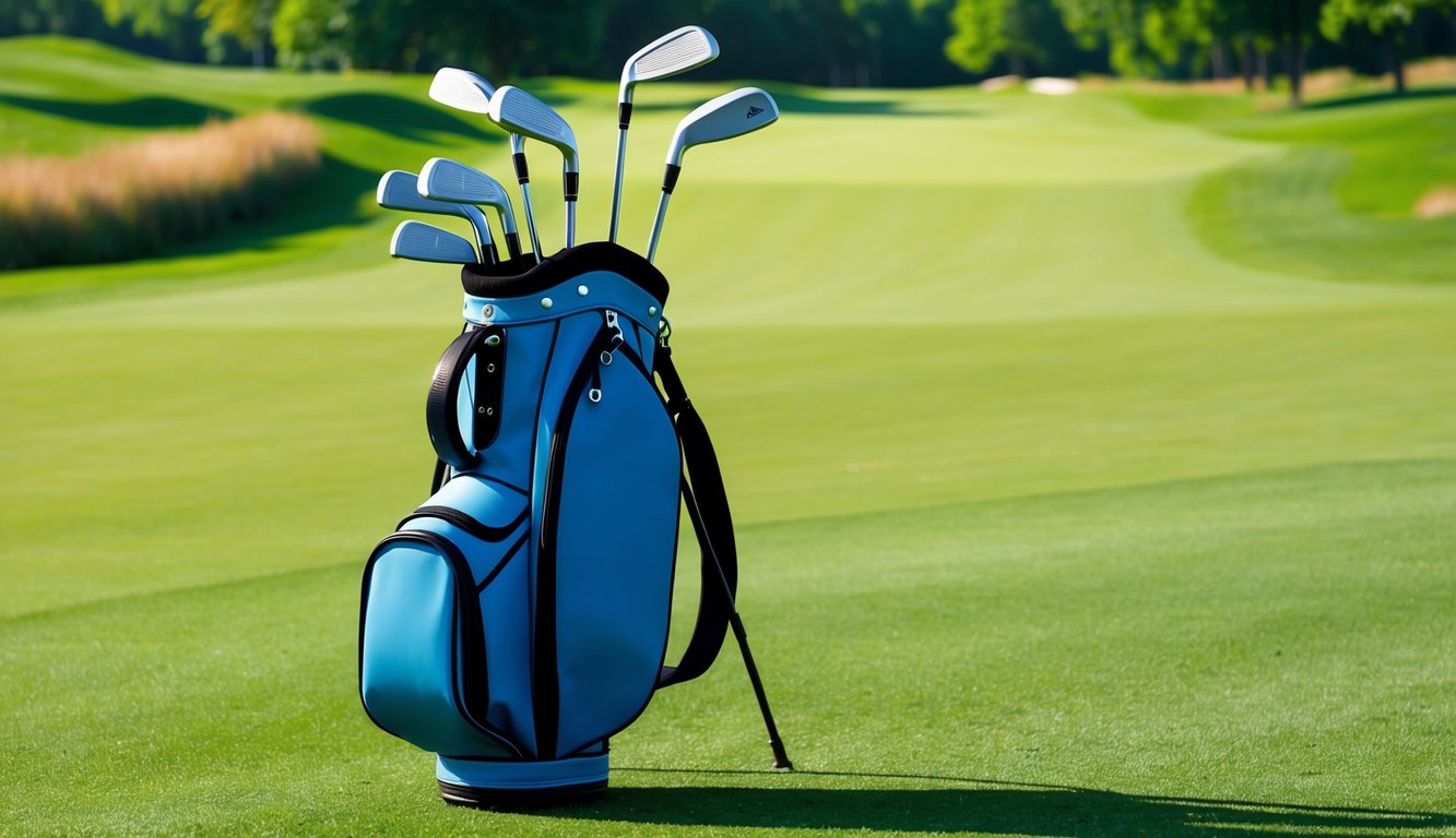 A golf bag with irons and wedges arranged neatly on a lush green fairway